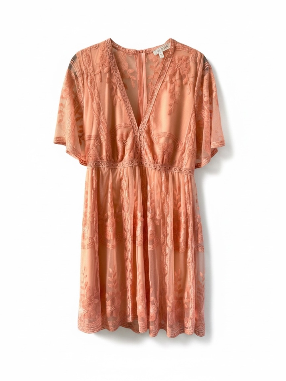 Lace-Embroidered Peach Mini Dress with V-Neck